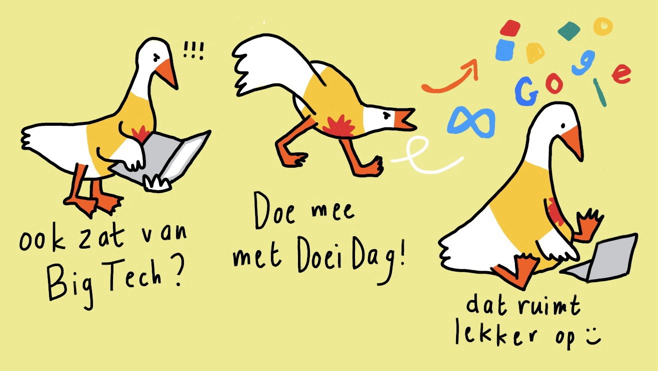 Plaatje van een boze gans die klaar is met bigtech. Gemaakt door Astrid Poot